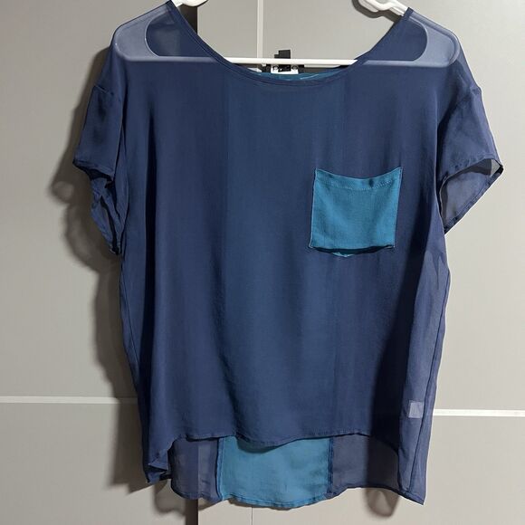 Bebe Women Sheer Short Sleeve T-Shirt Chest Pocket Color Block Blue Small - Picture 1 of 3